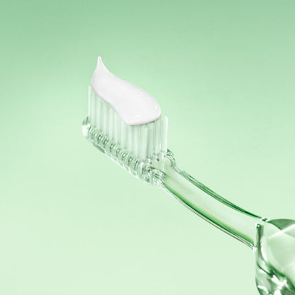 Clear toothbrush with white bristle head on a light green background