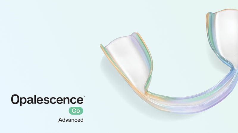 An Opalescence Go Advanced clear dental mouthguard shown on a pale blue background with the brand name and 'Go Advanced' text.